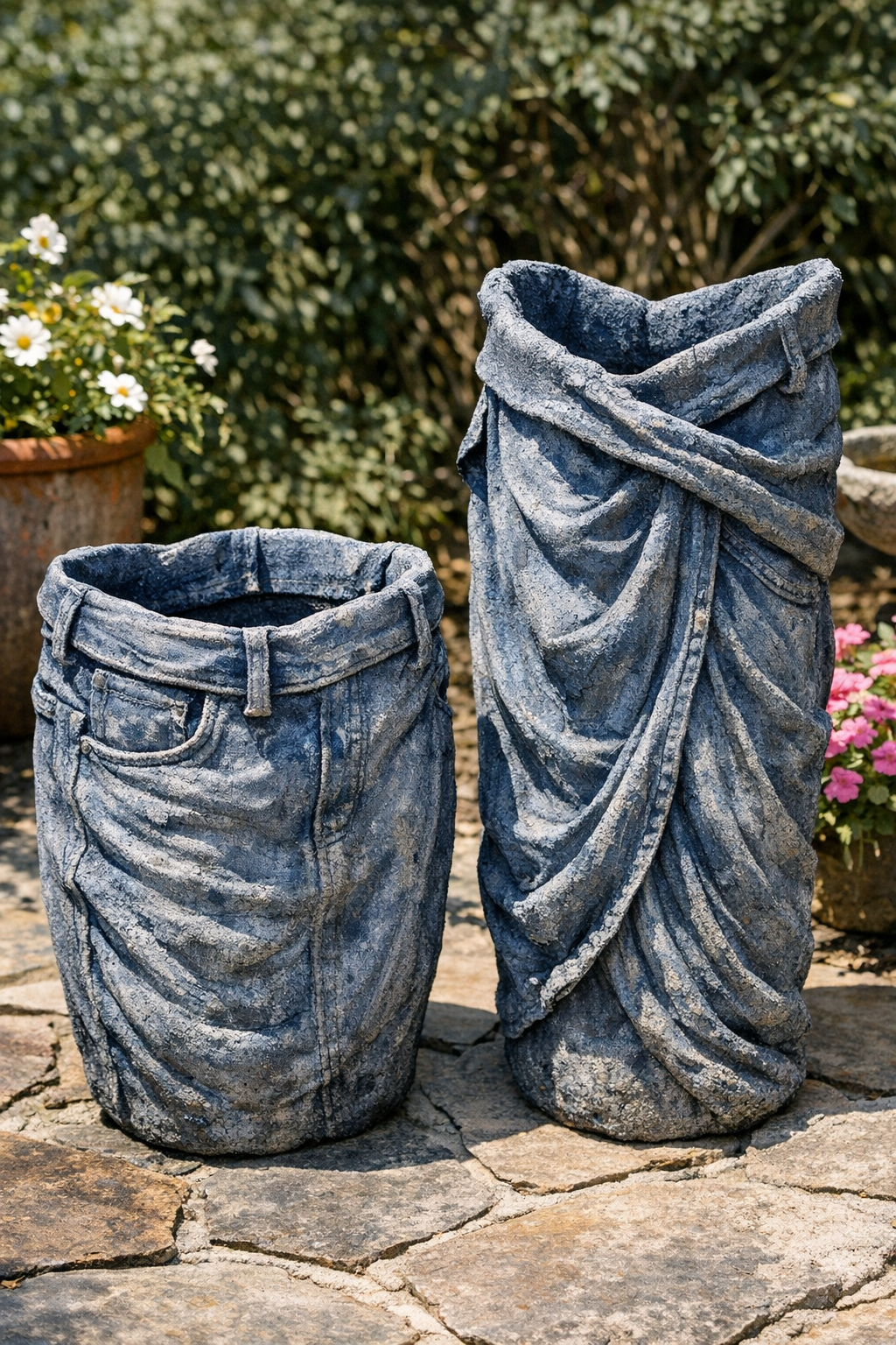 Finished pair of heavy draped denim cement yard vessels