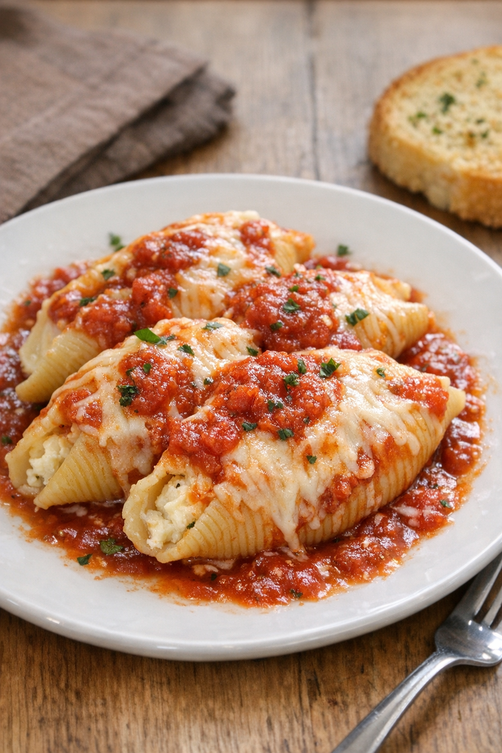 Finished stuffed shells plated with melted cheese and sauce