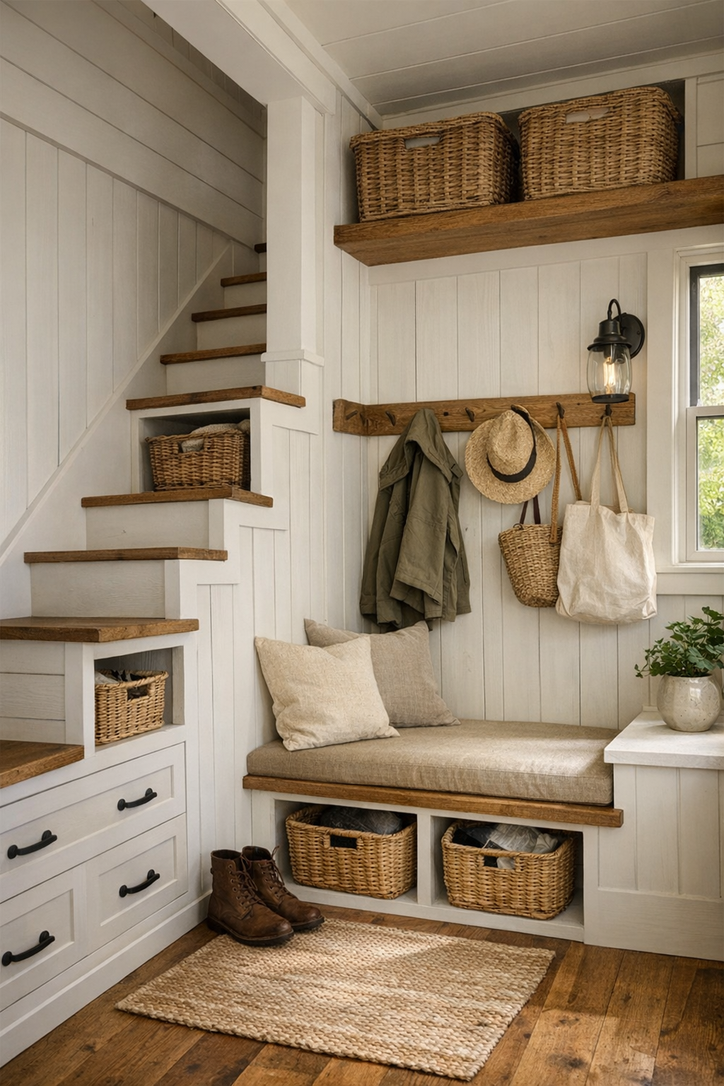 Built-in entry and stair nook with handcrafted storage in a barn tiny home