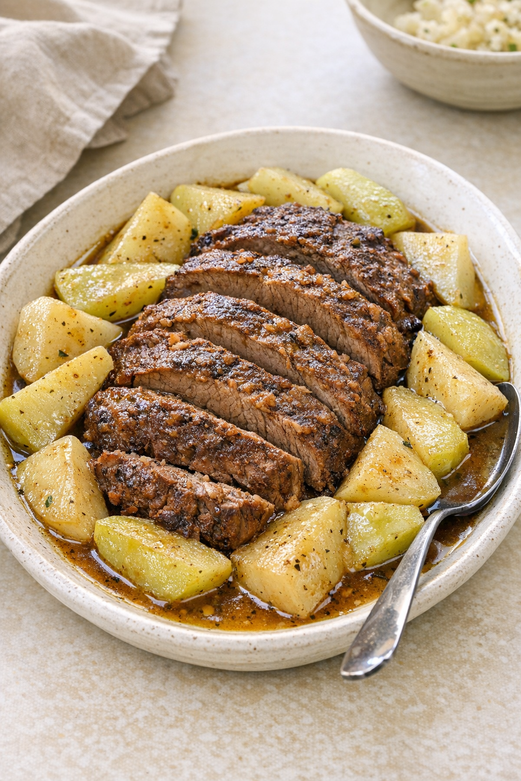 Finished slow cooker beef roast with kohlrabi on a serving platter