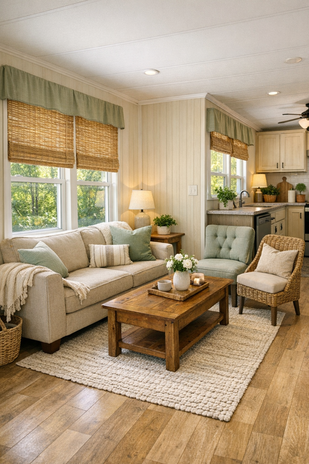 Bright living room with sage accents, light wood floors, and cozy cottage furnishings