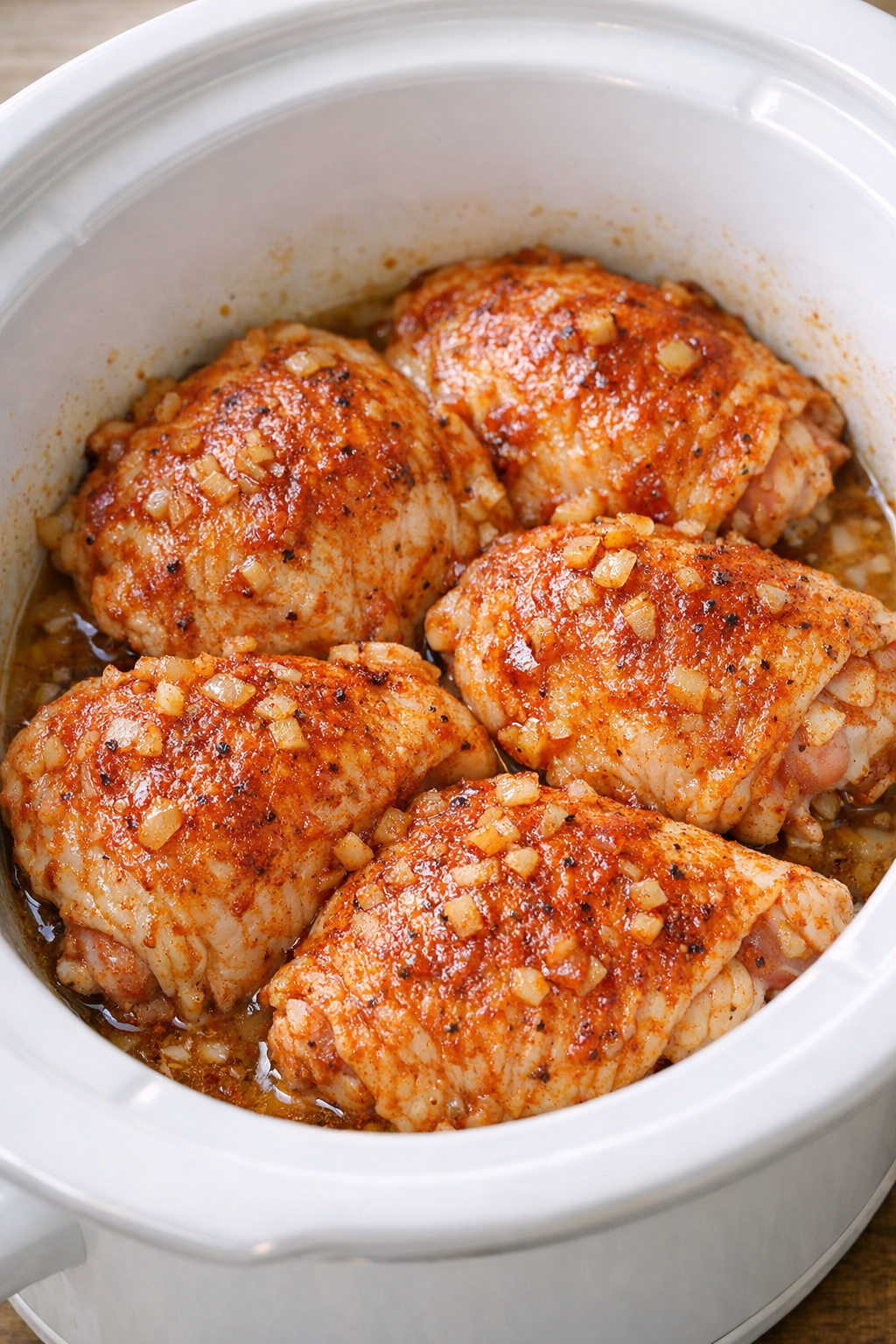 Seasoned chicken thighs coated with paprika butter in the slow cooker