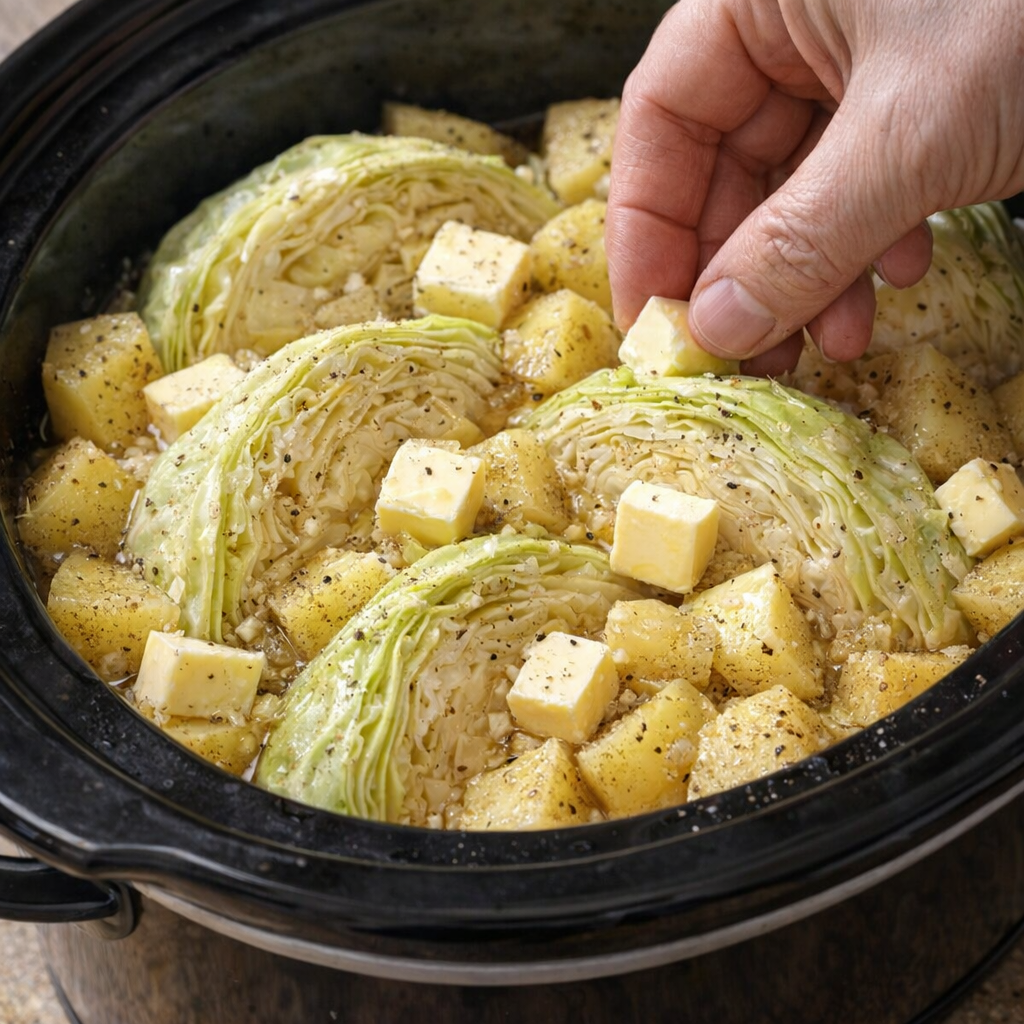 Butter being tucked between cabbage wedges in a slow cooker