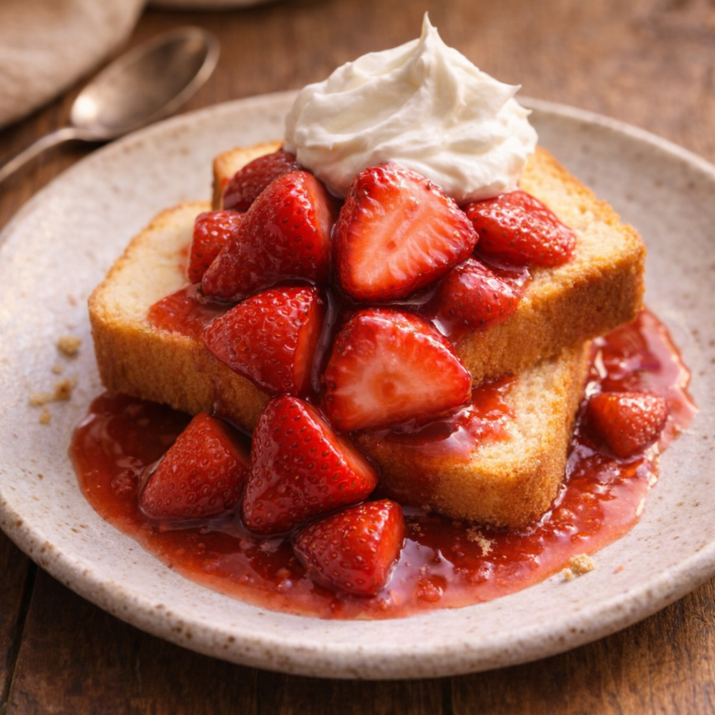 Strawberry dessert served over pound cake with whipped cream