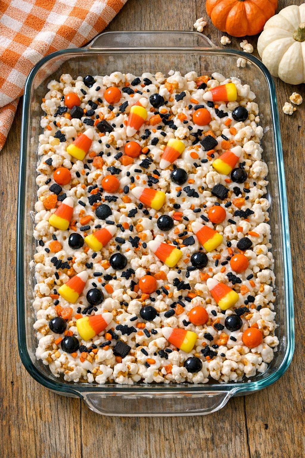 Finished Halloween candy crunch in a baking dish
