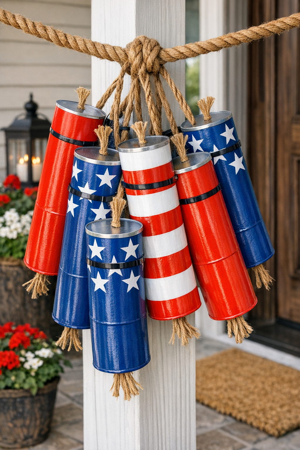 Finished giant patriotic porch firecrackers hanging from rustic rope