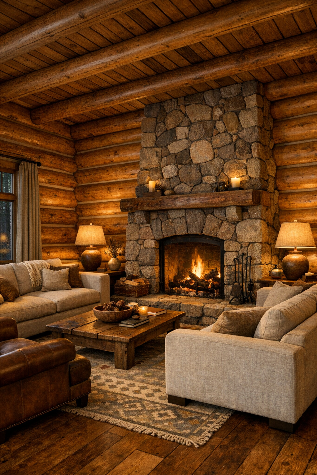 Living room with golden sugar pine log walls, stone fireplace, and soft neutral seating