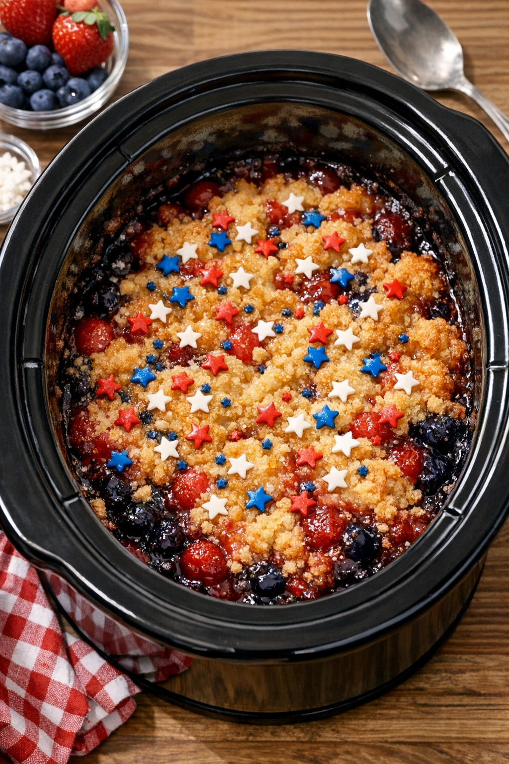 Finished star-spangled cobbler in a slow cooker with golden topping and patriotic sprinkles