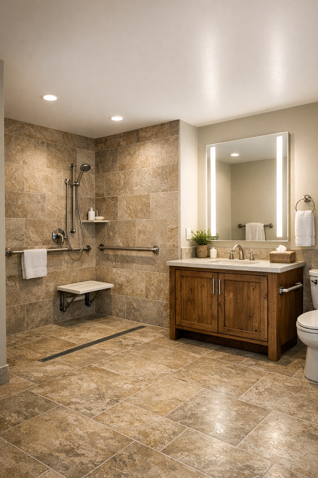Accessible bathroom with curbless shower and warm stone tile