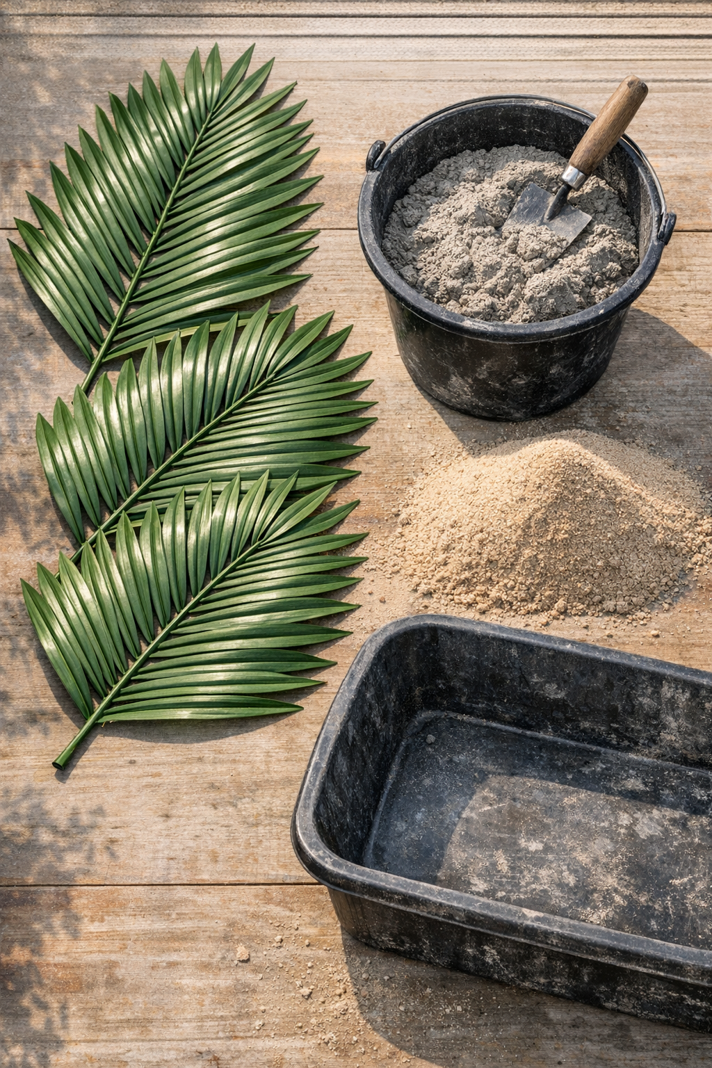 Materials for making cement garden stones with plastic palm leaves