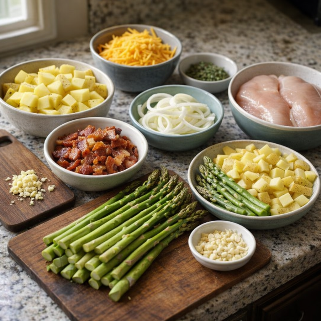 Prepped casserole ingredients on a kitchen counter