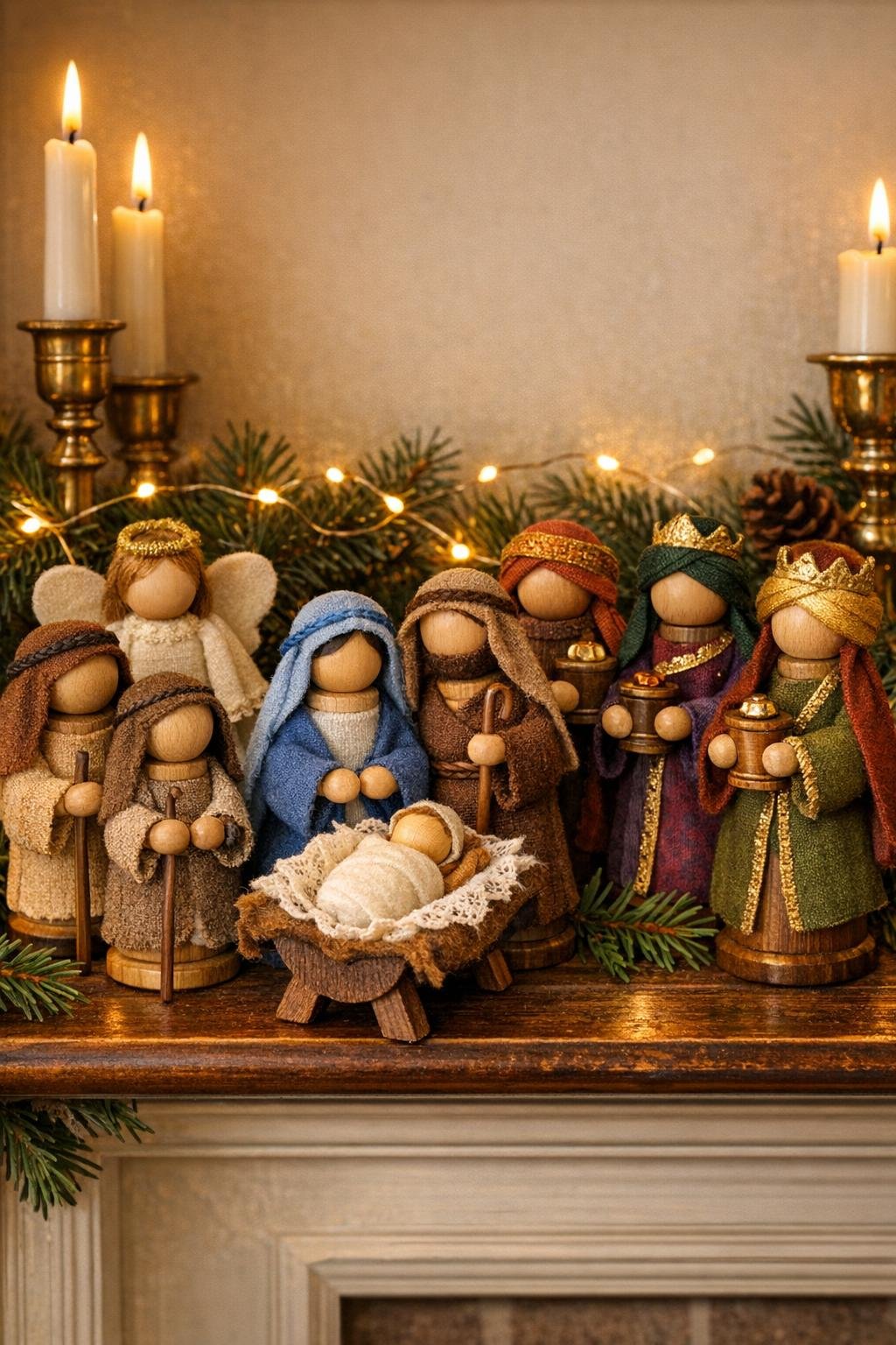 Finished spool nativity figures displayed on a mantel