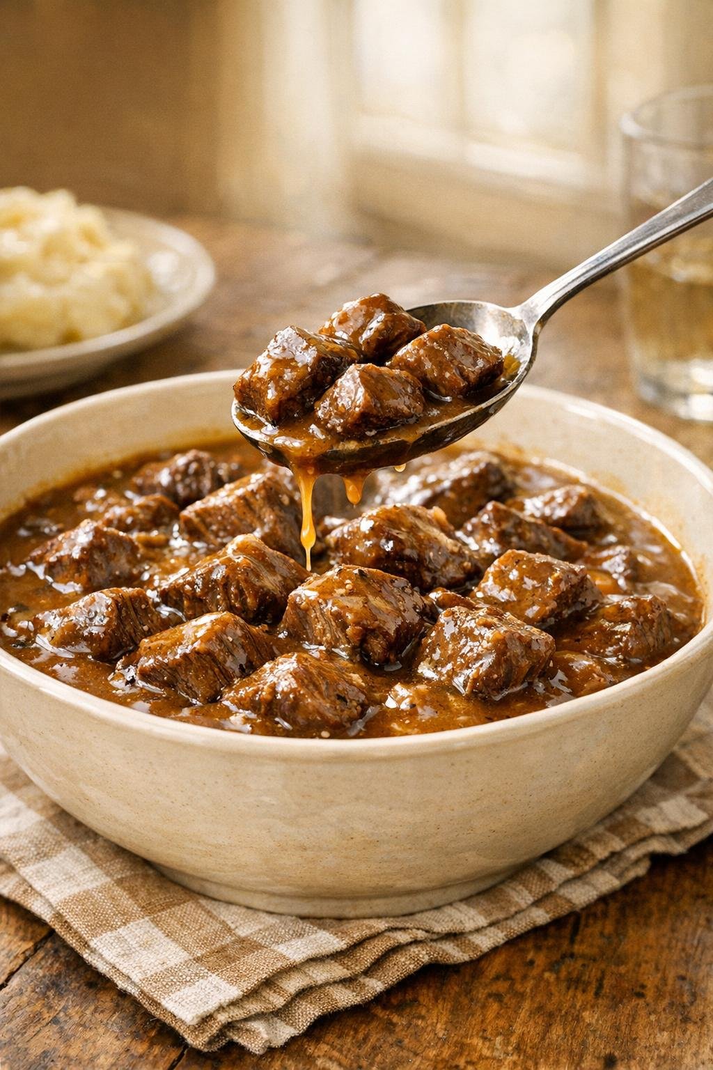 Finished beef tips in a cream-colored bowl with rich brown gravy
