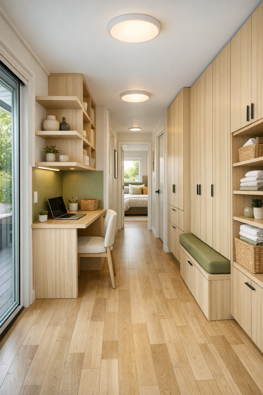 Bright multifunction hallway and workspace with built-in storage and pale wood finishes