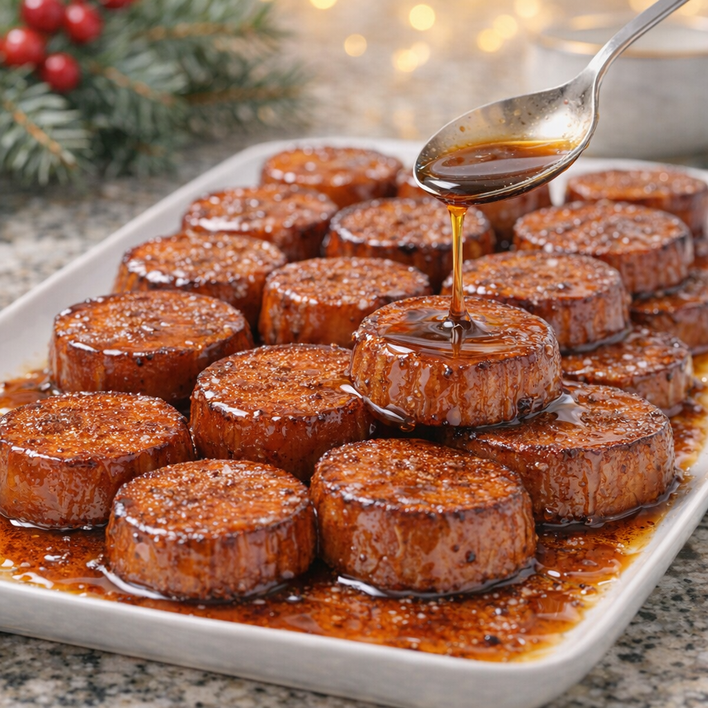 Plated glazed sweet potato rounds on a serving platter