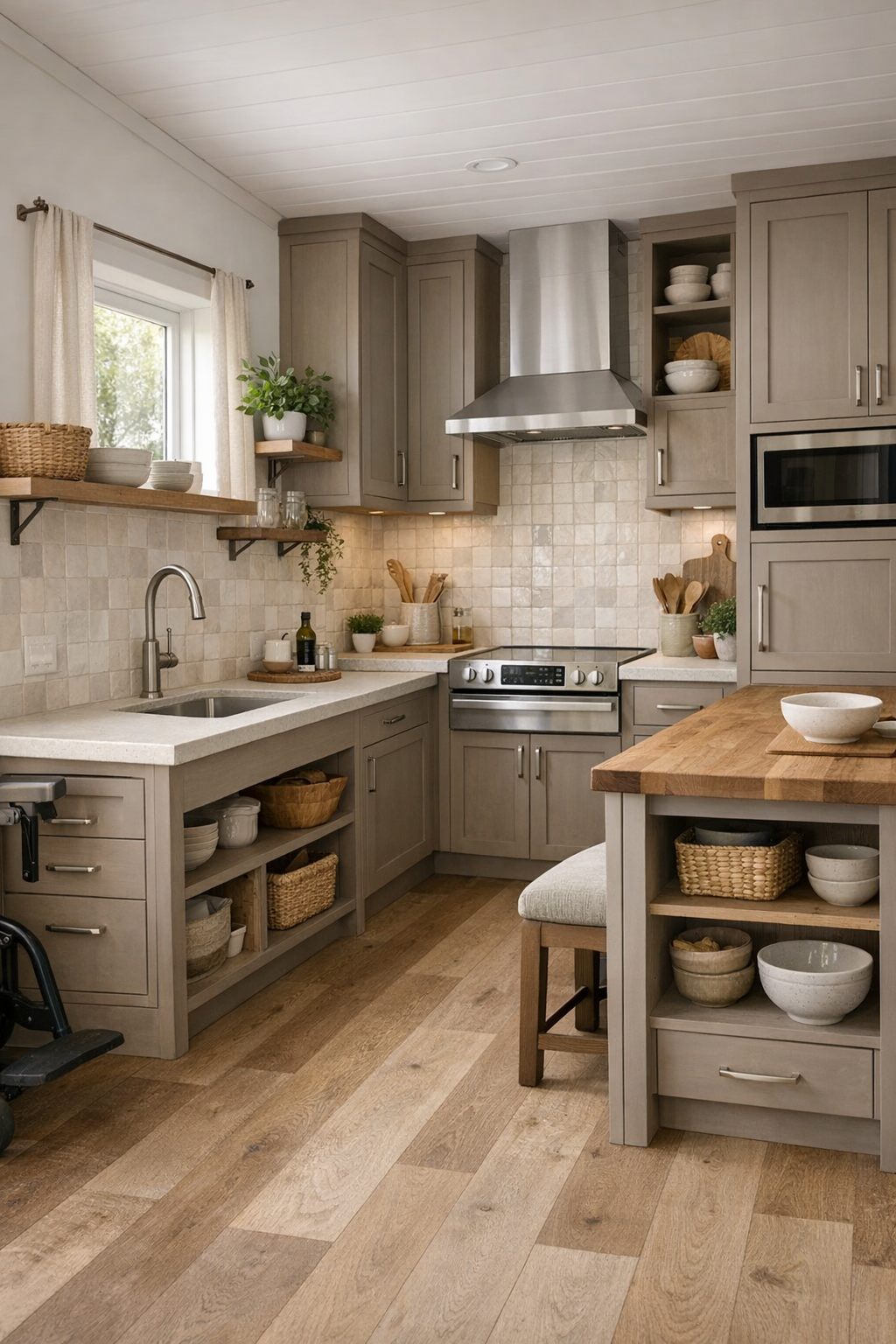 Accessible tiny home kitchen with warm taupe cabinetry, pale counters, and handcrafted tile