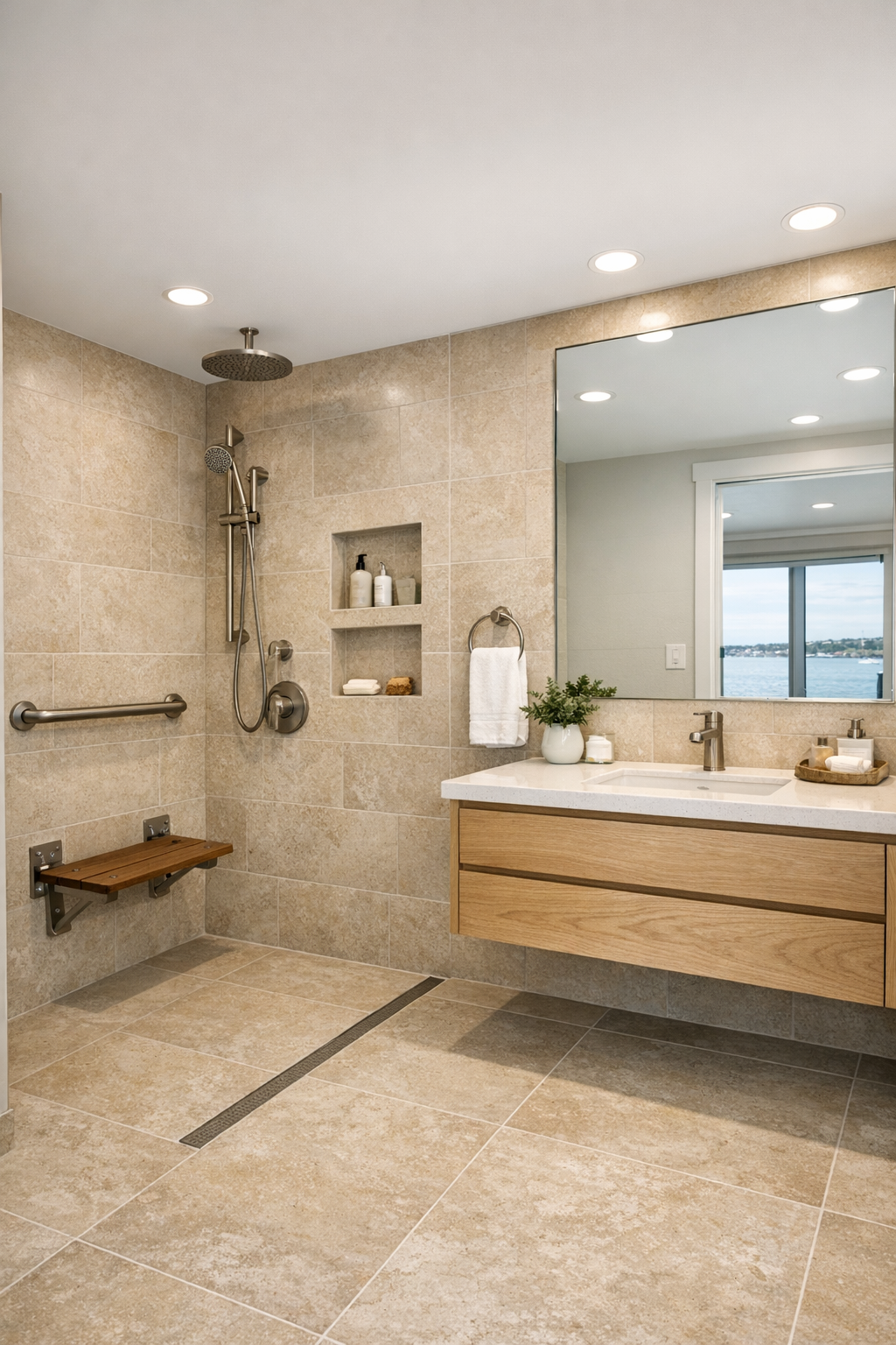 Elegant accessible bathroom with a curbless shower, limestone-look tile, and floating oak vanity