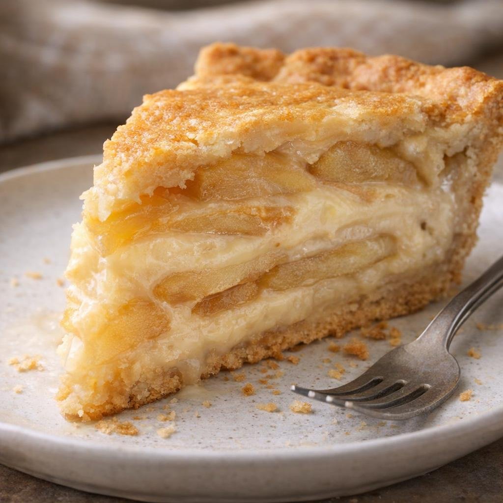 Slice of apple pie showing creamy filling and flaky crust