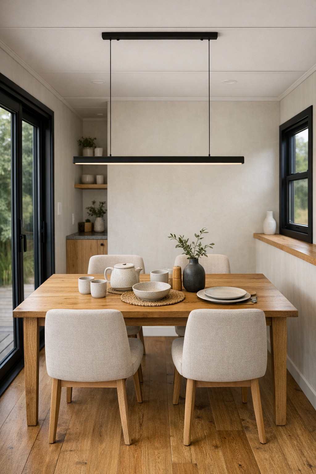 Warm minimalist dining room with wood table and soft neutral chairs