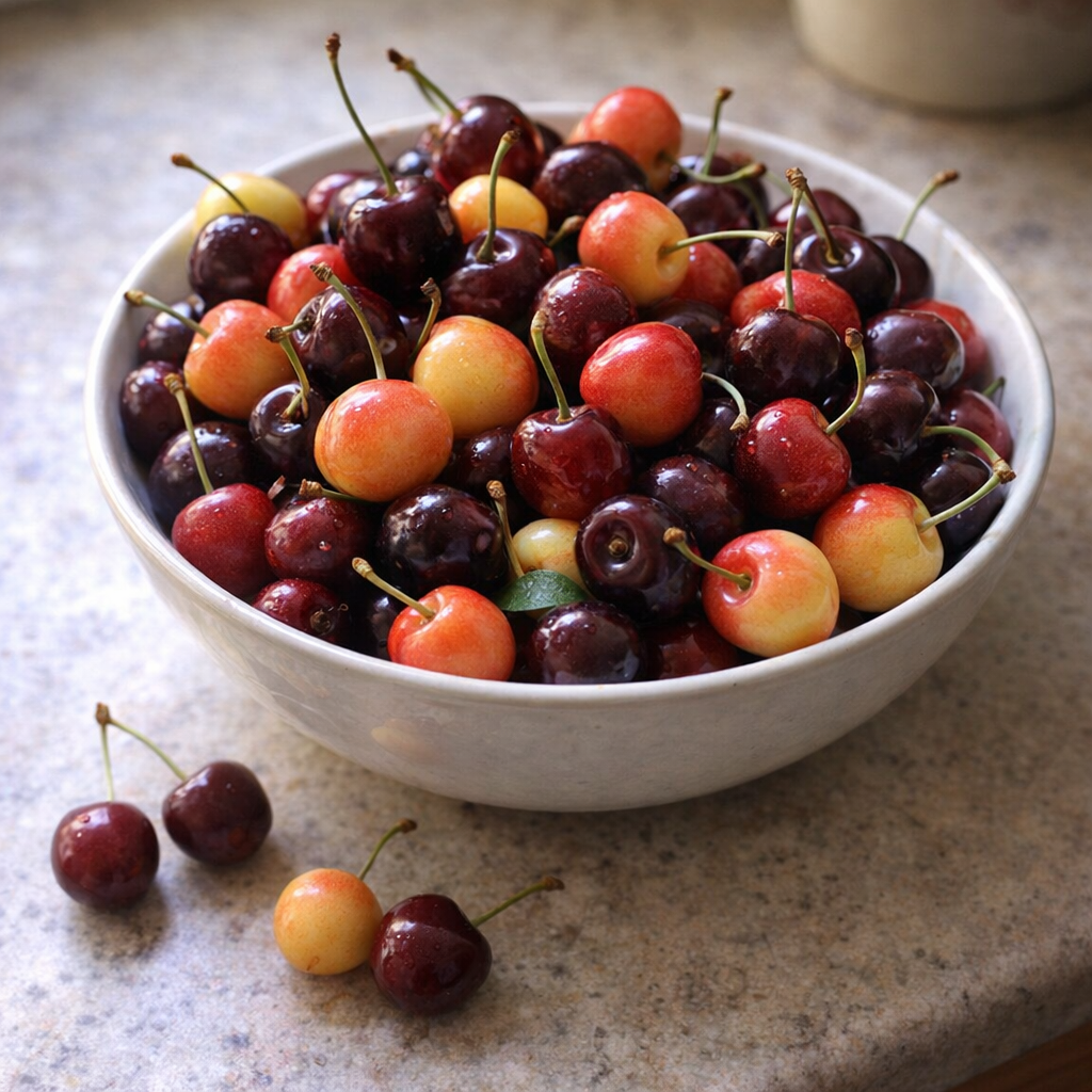 Fresh summer cherries in a home kitchen