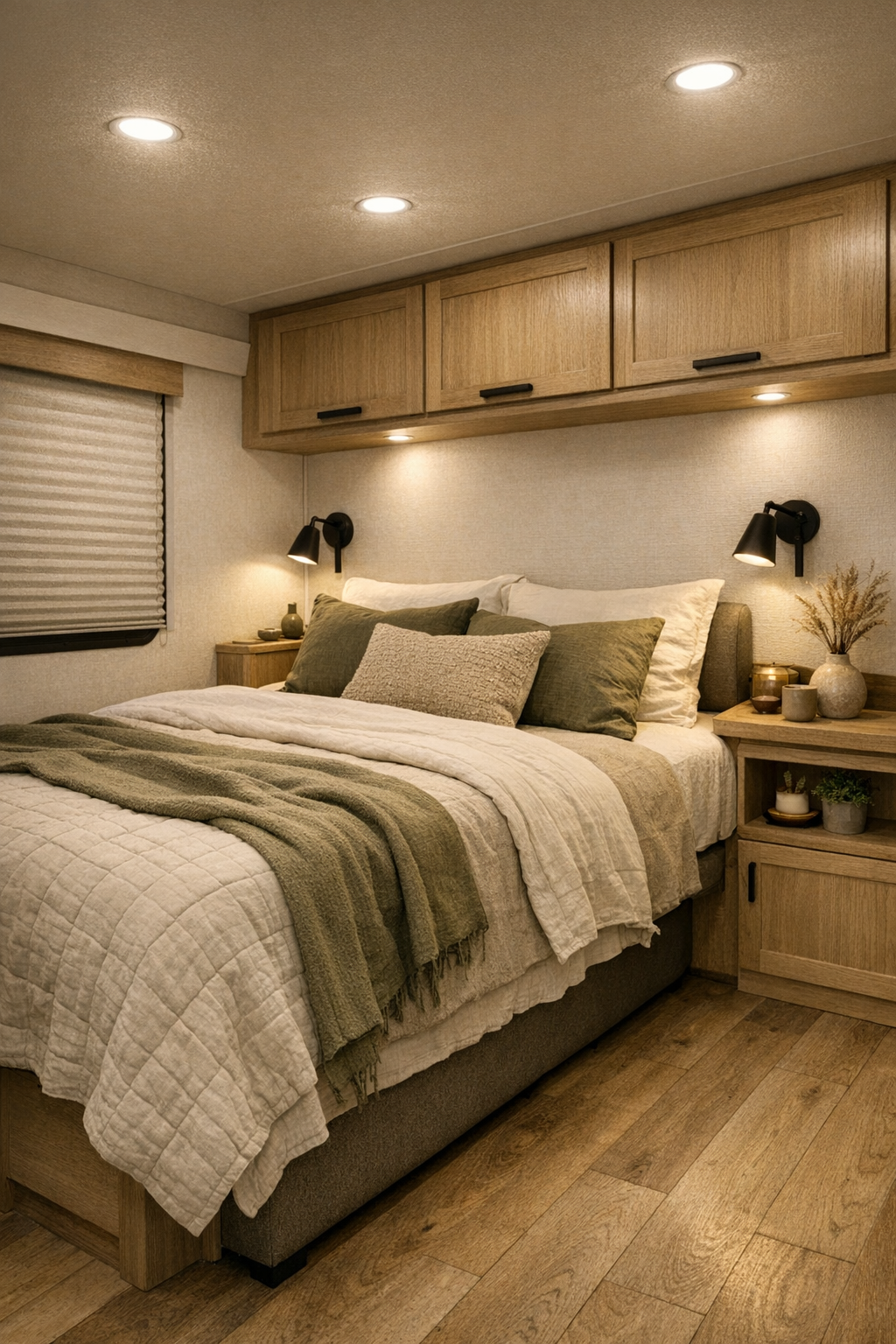 Serene RV bedroom with layered neutral bedding and pale oak built-ins