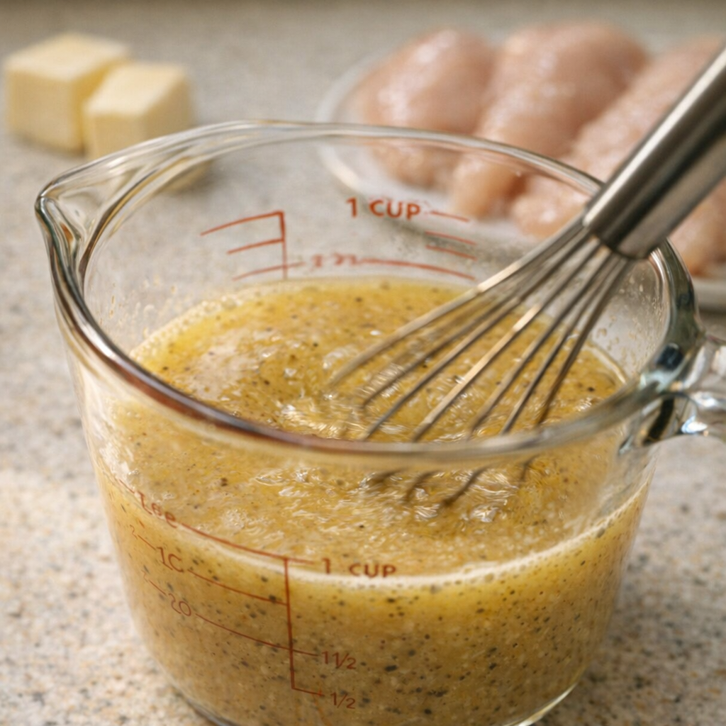 Honey mustard sauce being whisked in a measuring cup