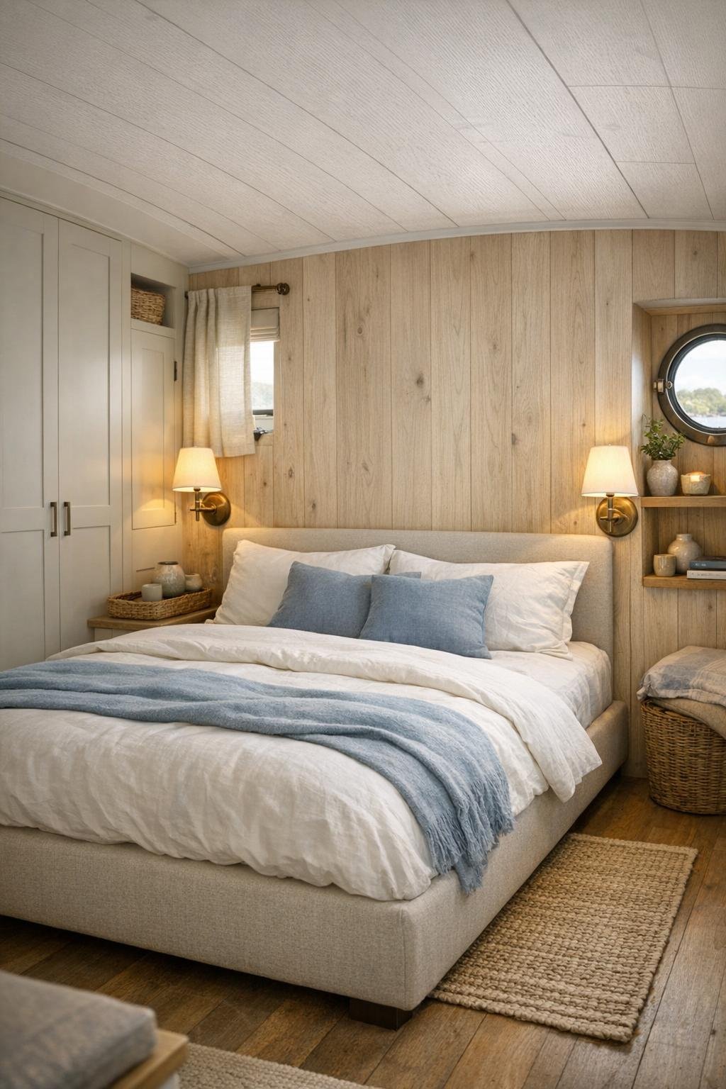 Serene bedroom with a low upholstered bed, pale wood wall paneling, and built-in wardrobes