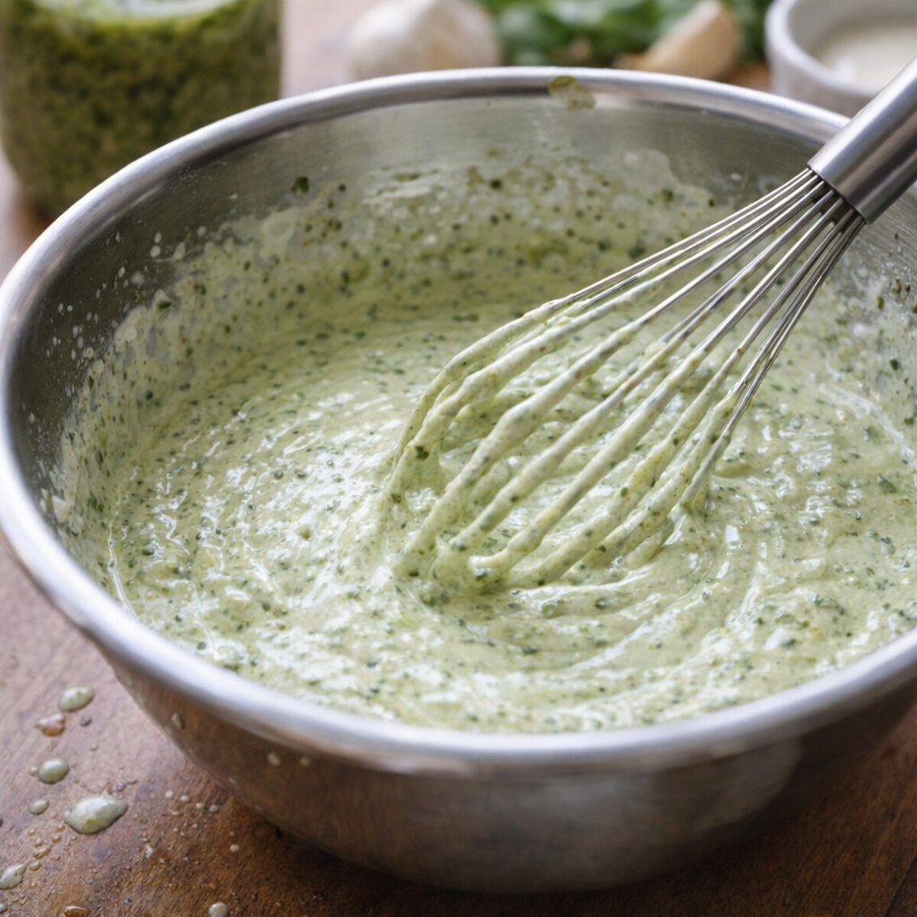 Bowl of pesto and cream being whisked together