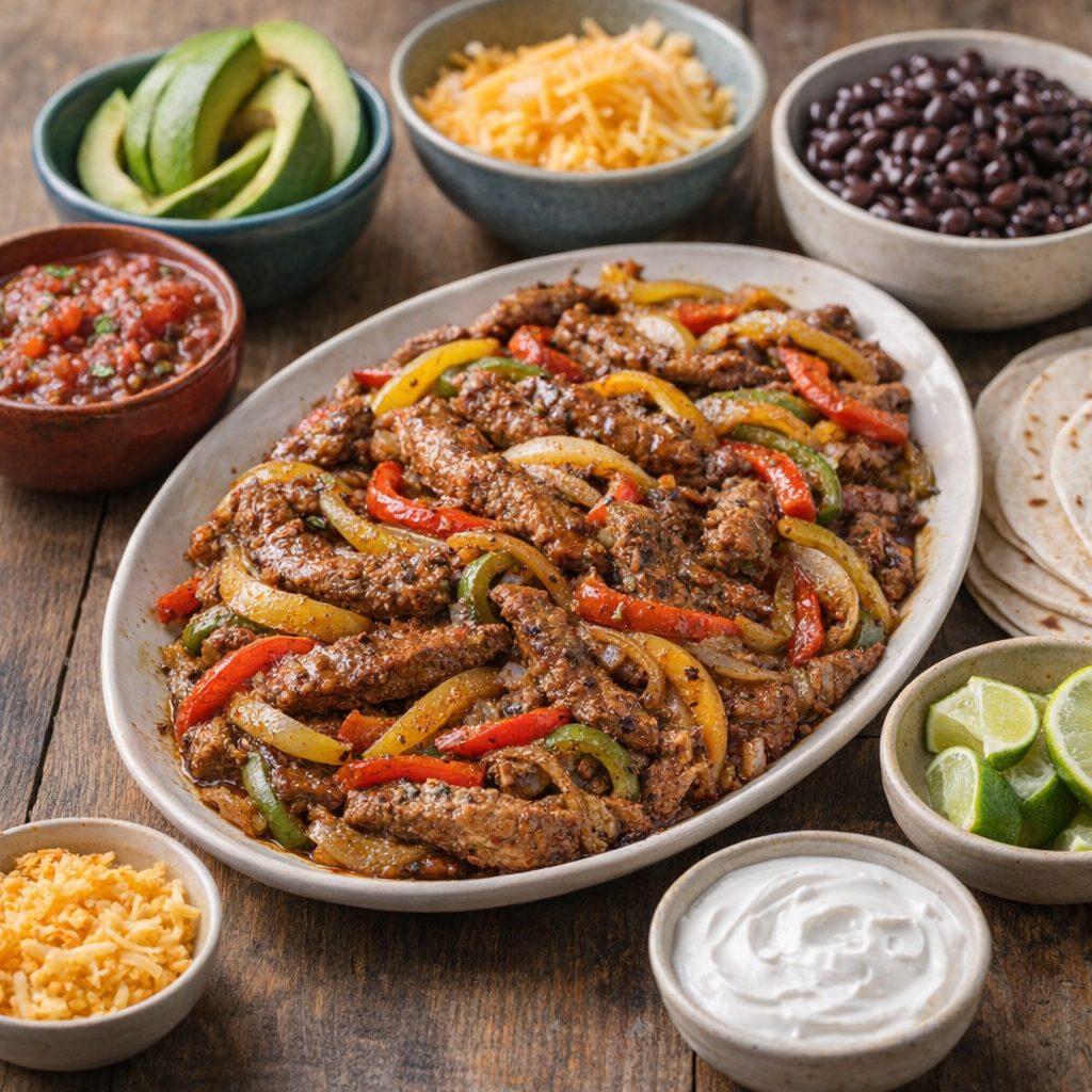 Fajita toppings and sides arranged family-style