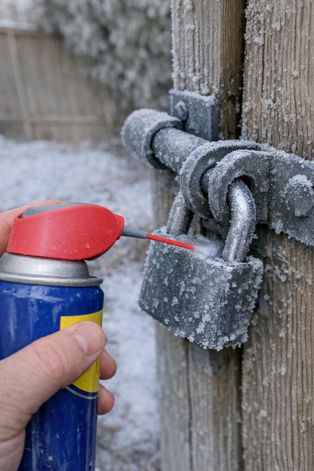 WD-40 sprayed into a frozen padlock outdoors
