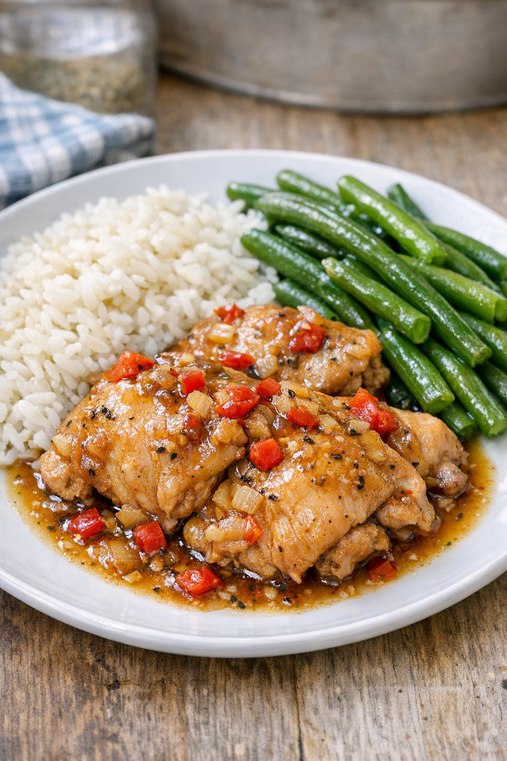Finished slow cooker chicken served with sauce on a dinner plate
