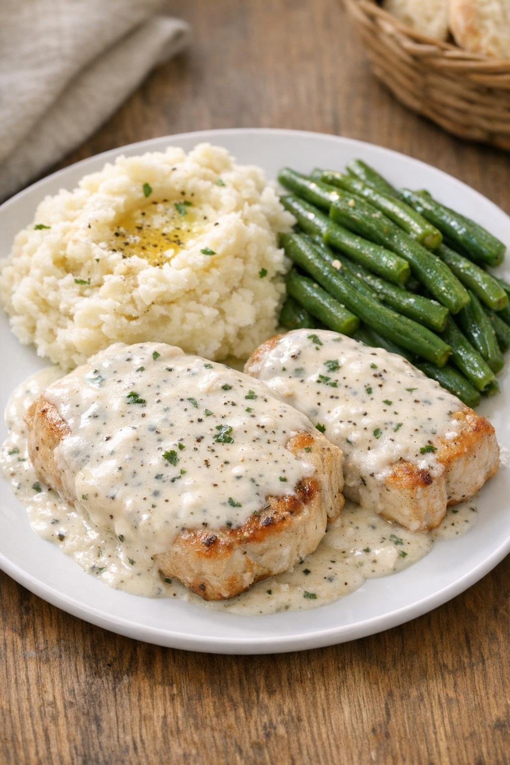 Finished ranch pork chops plated with creamy sauce