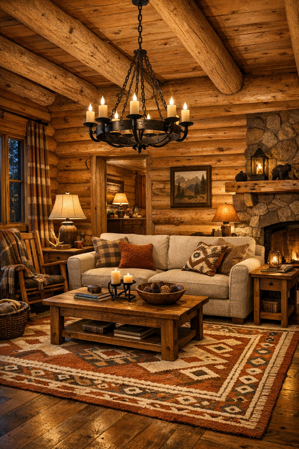 Warm log home living room with apricot-toned pine walls, exposed beams, and traditional handcrafted furniture