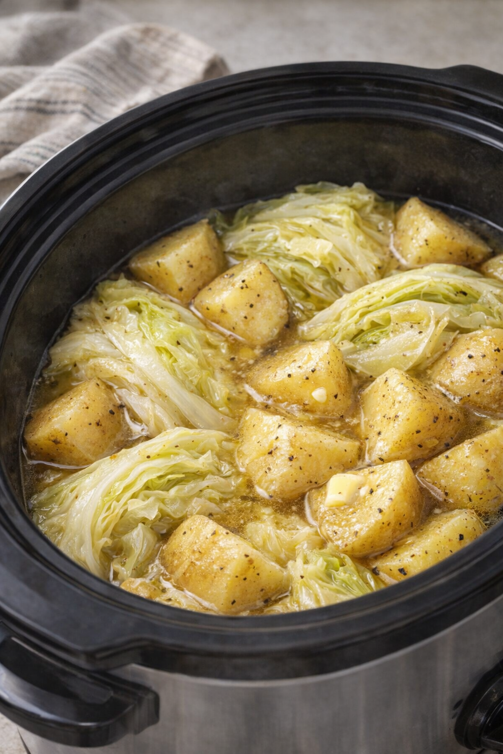 Slowcooker op het aanrecht gevuld met aardappelen en kool
