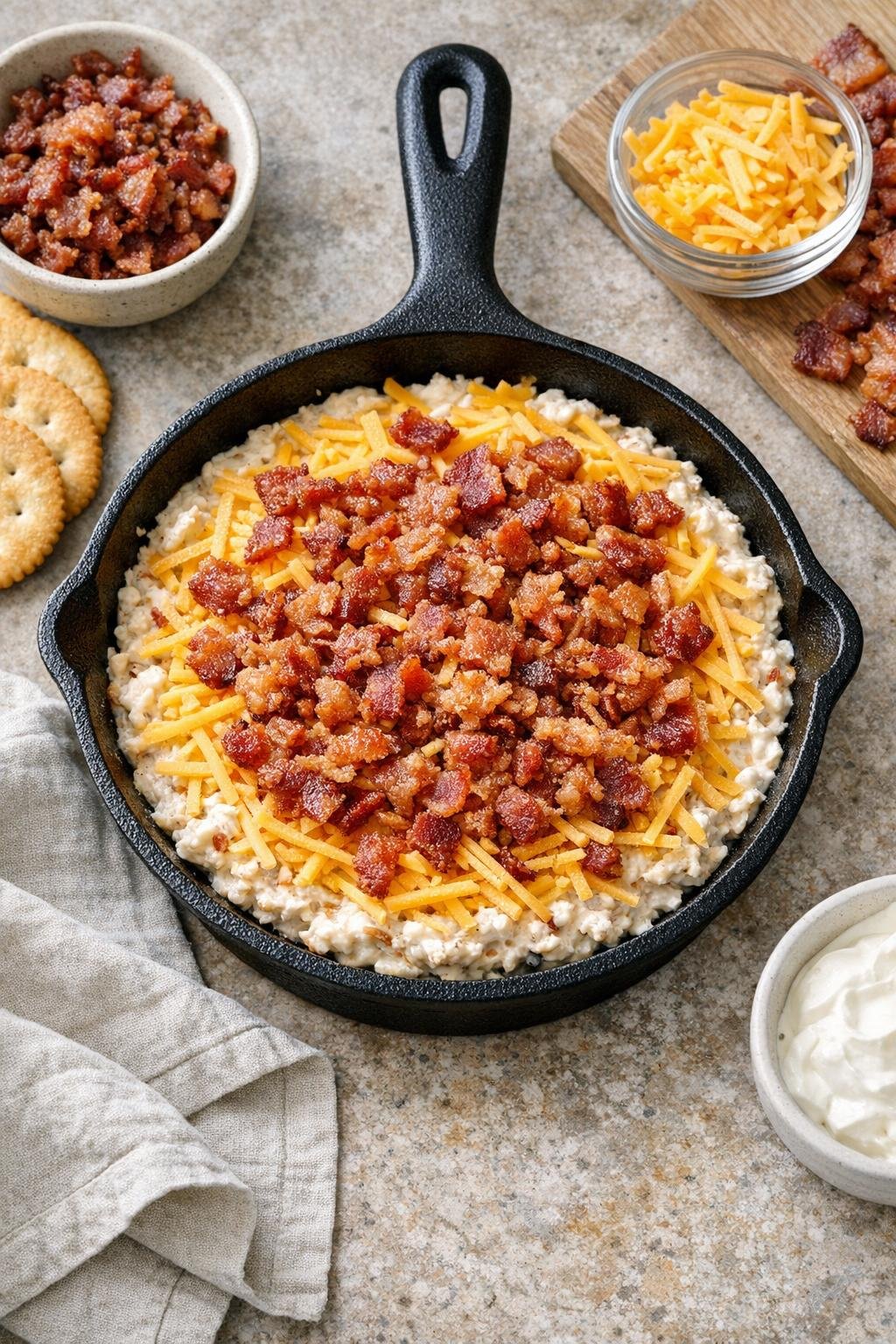 Unbaked dip spread in cast iron skillet