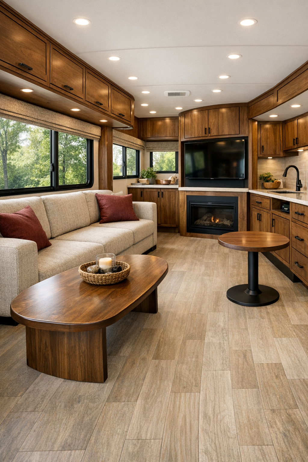 Accessible RV living room with oatmeal sofa, walnut cabinetry, and large windows