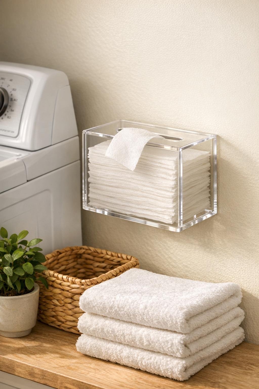 Finished acrylic dryer sheet holder mounted in a small laundry room