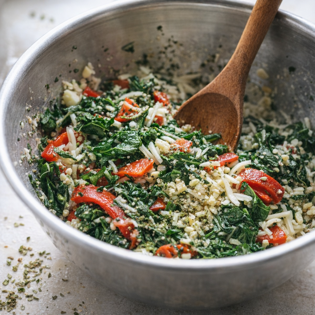 Bowl of spinach, roasted red pepper, and mozzarella filling