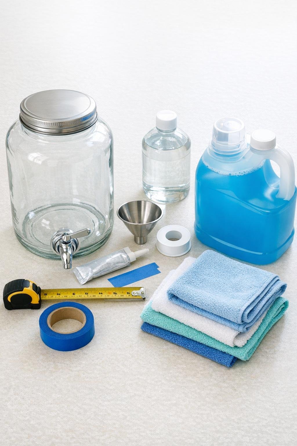 Glass drink dispenser, metal funnel, detergent, and supplies laid out for the project