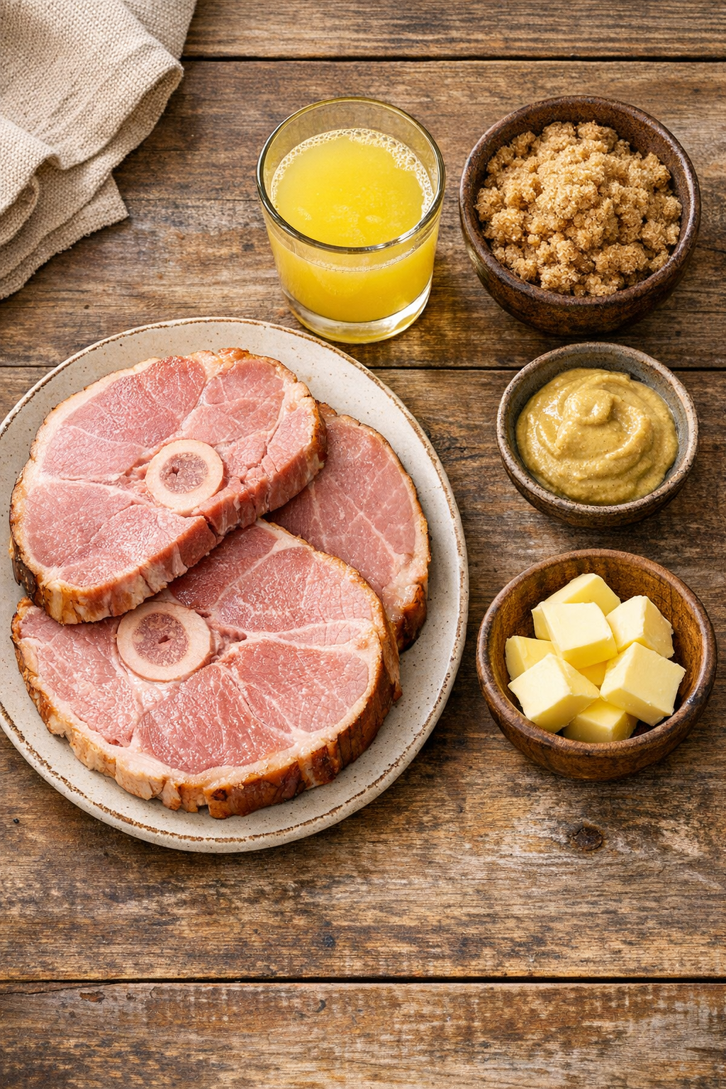 Ham steaks with pineapple juice, brown sugar, mustard, and butter