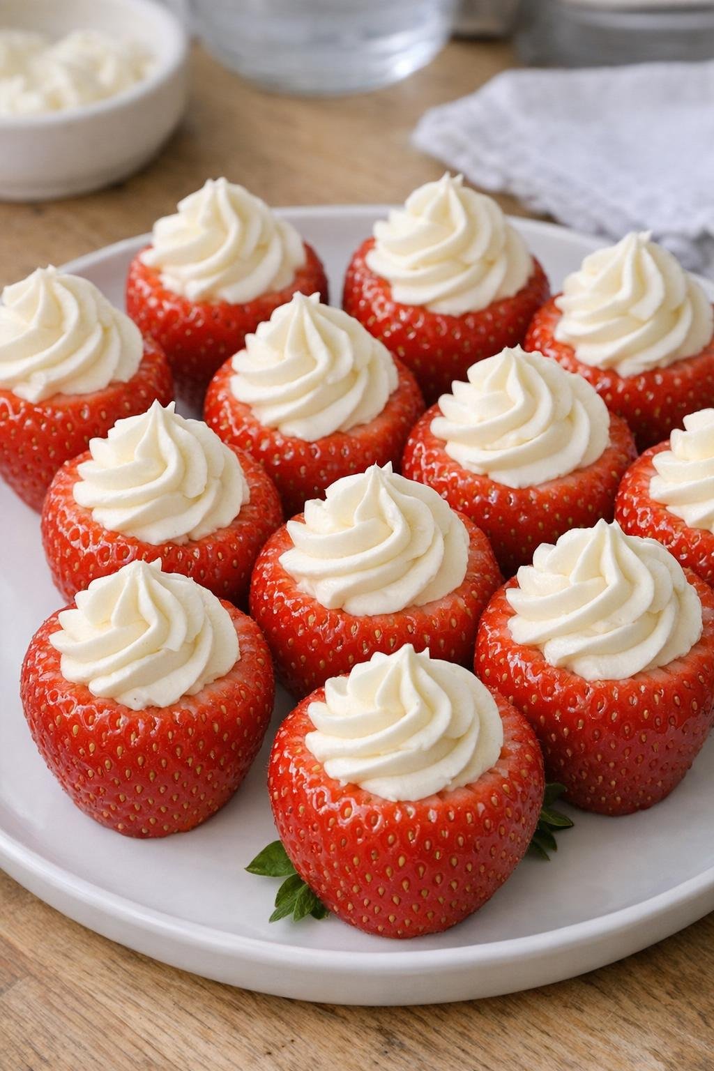 Finished cheesecake stuffed strawberries on a serving tray