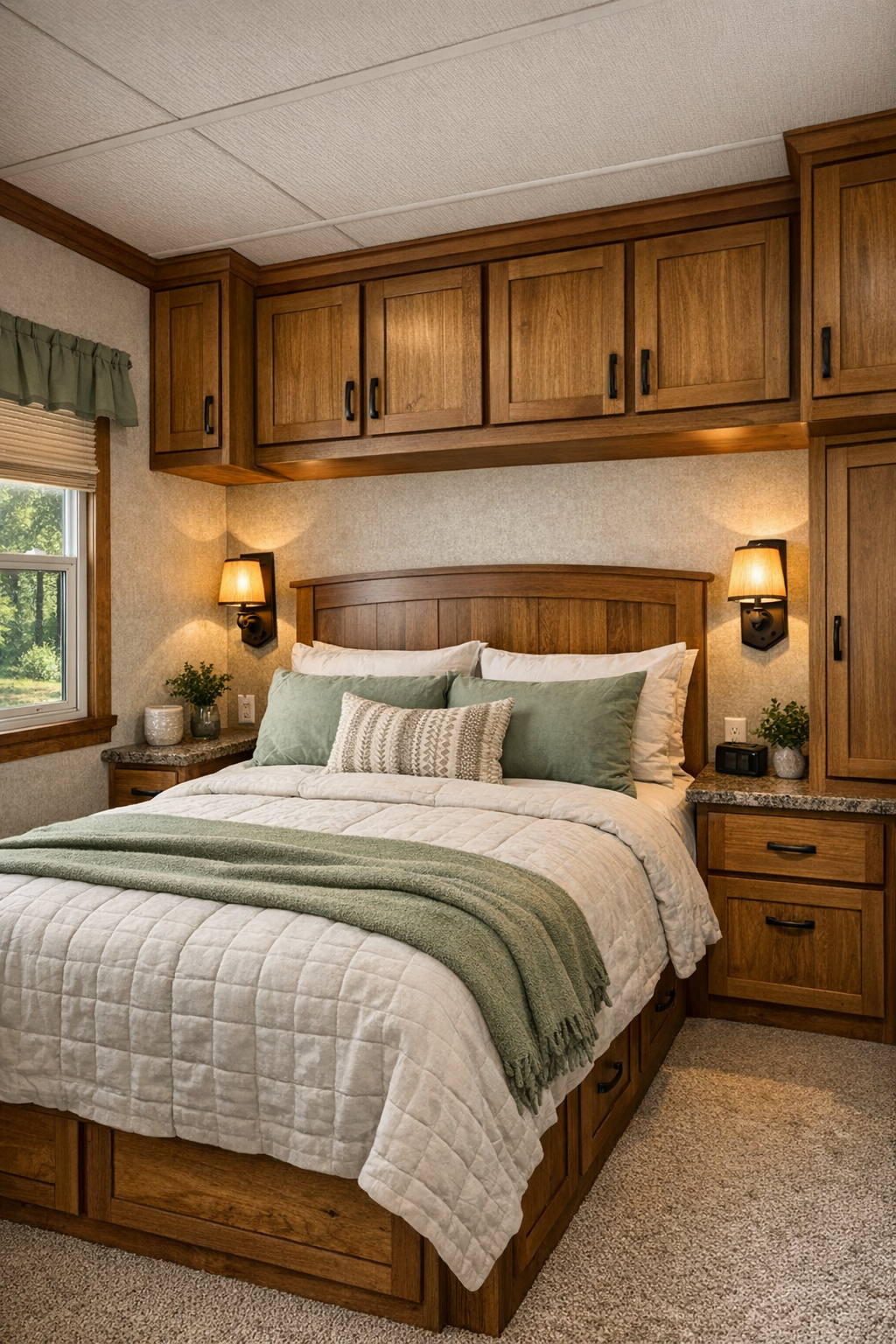 Peaceful bedroom with layered neutral bedding, sage accents, and built-in storage