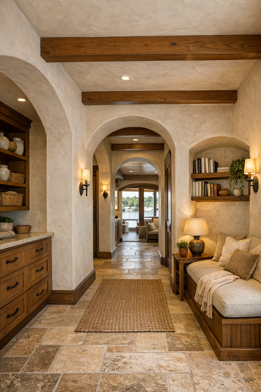 Wide hallway and secondary sitting area with arched openings, built-ins, and warm Tuscan houseboat details