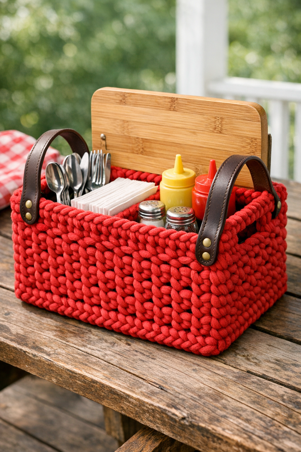Finished crochet milk crate picnic caddy with bamboo lid
