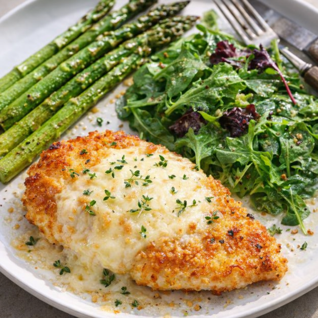 Chicken cutlet dinner served with salad and roasted vegetables