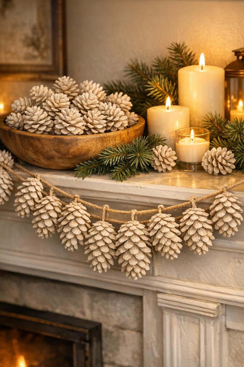Finished bleached pinecone garland displayed on a mantel with extra pinecones in a wooden bowl