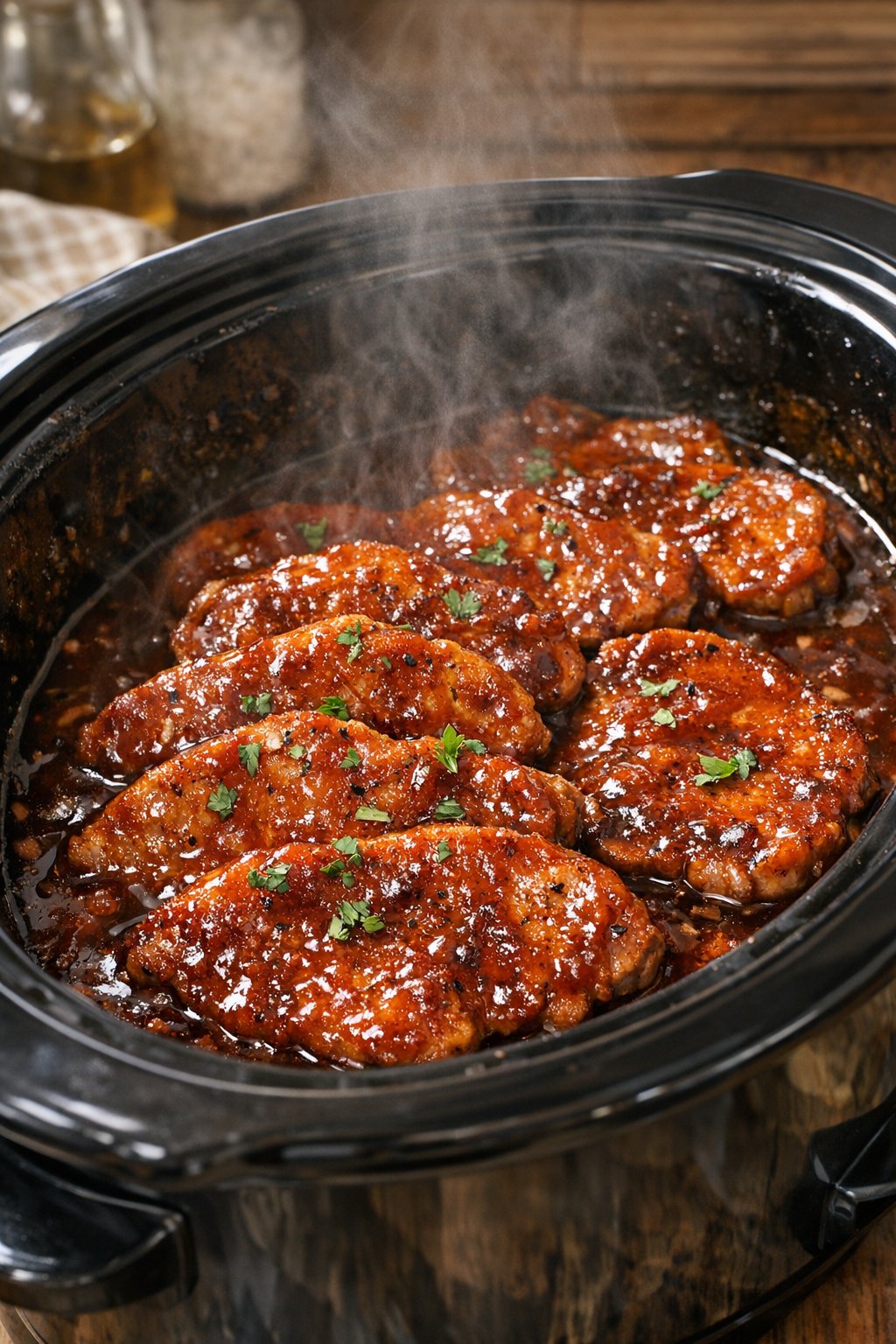 Cooked pork chops in slow cooker with glossy sauce