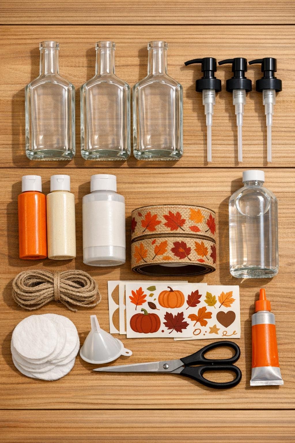 Materials for three autumn soap dispensers made from old glass liquor bottles