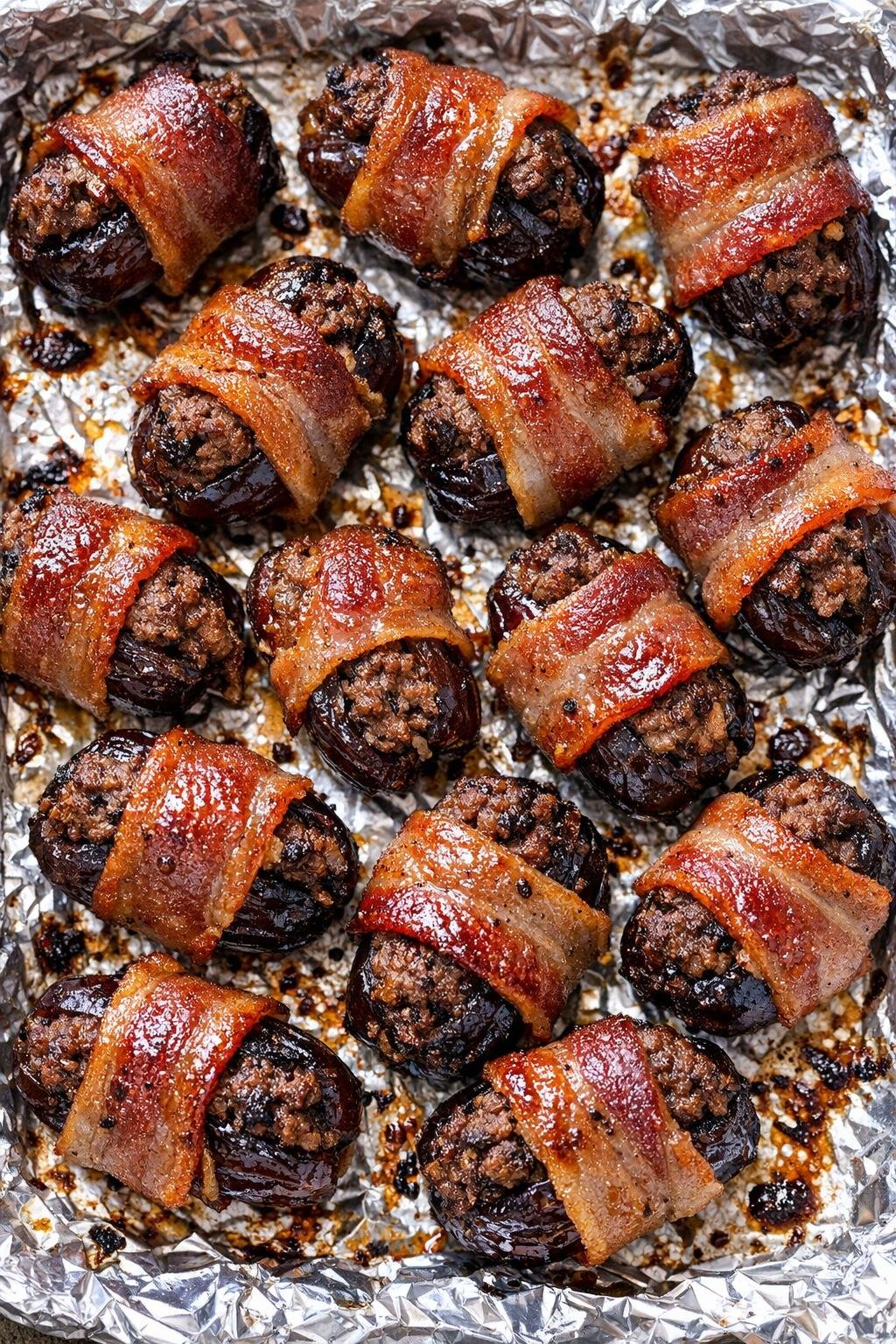 Oven baked beef stuffed dates on a foil-lined baking sheet