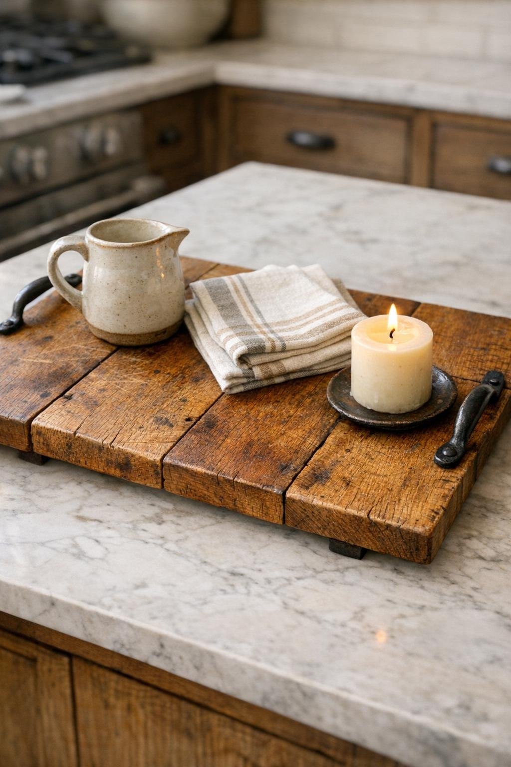Finished decorative serving tray made from old wooden cutting boards